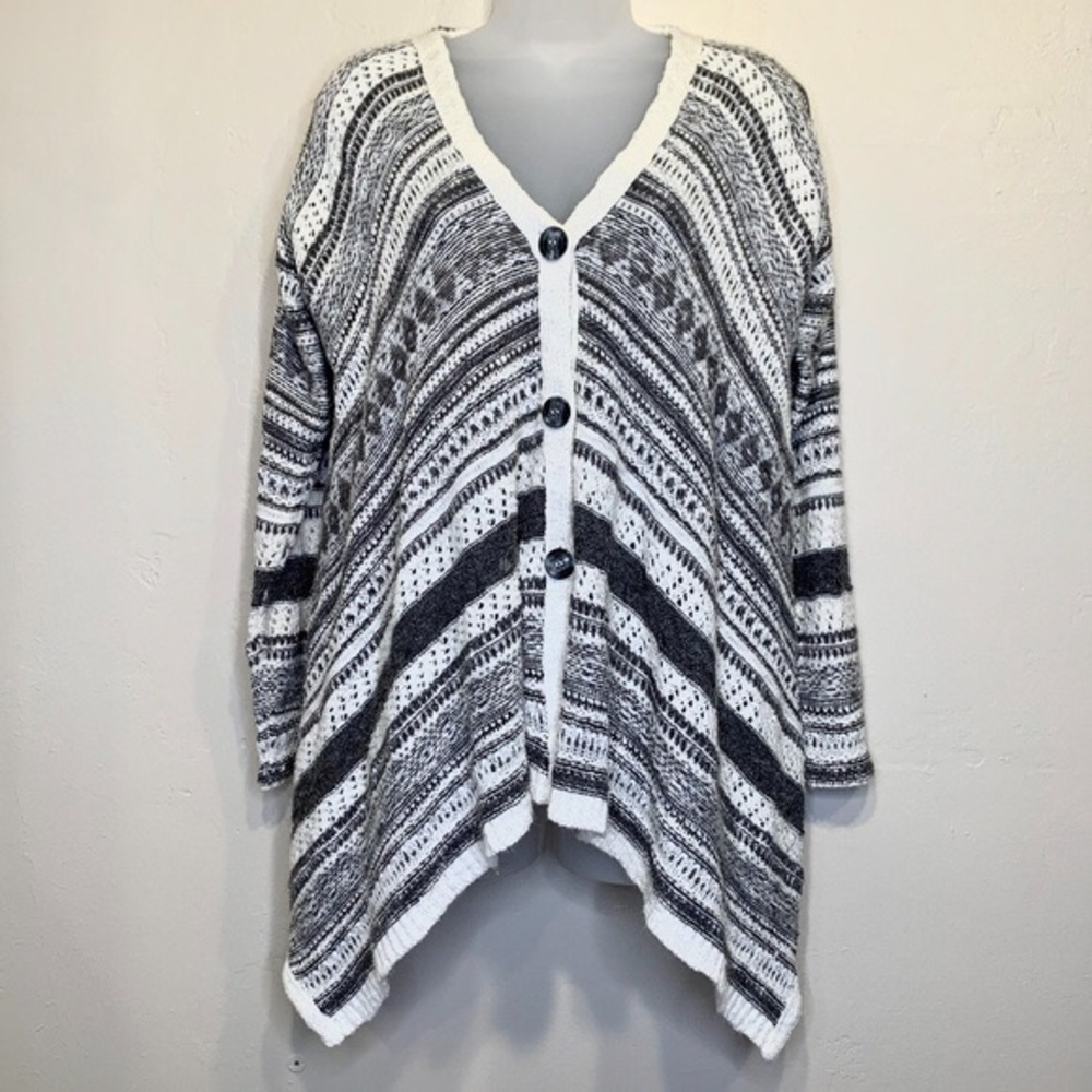 Boho Button Knit Aztec Asymmetrical Stripe Cardigan
